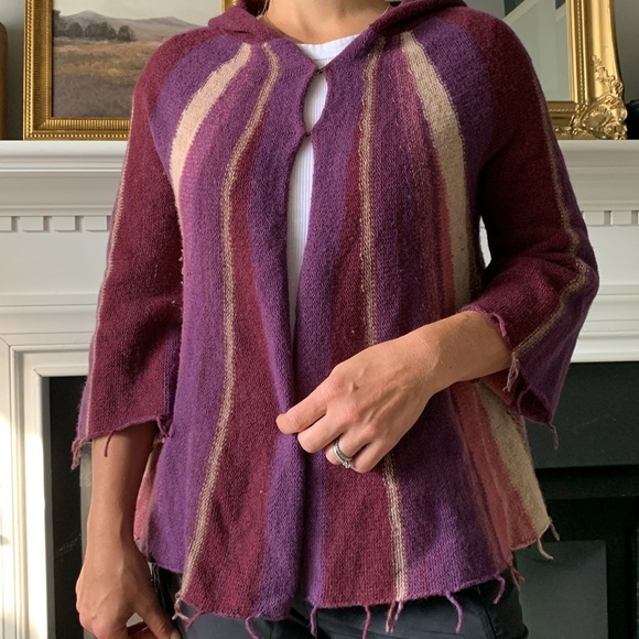 Free People Aztec Boho Fringe Open Wool Hooded Cardigan M festival cabin knit - Picture 6 of 12